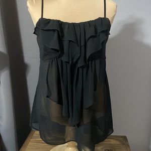 YA Los Angeles M Ruffle Front Black Shear Top